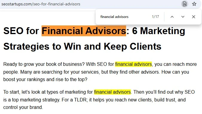 Searching for financial advisors keywords on a page to improve SEO